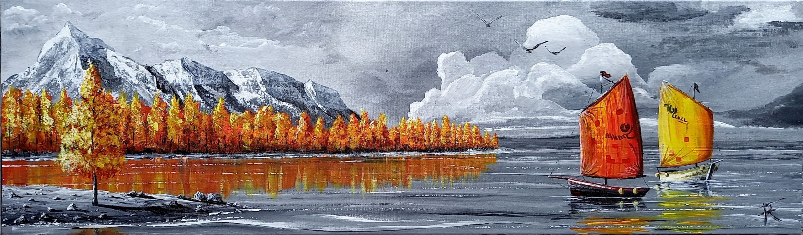 Peinture marine avec plage, voiliers et érables en bord de mer avec un fond montagneux – style West Art 85