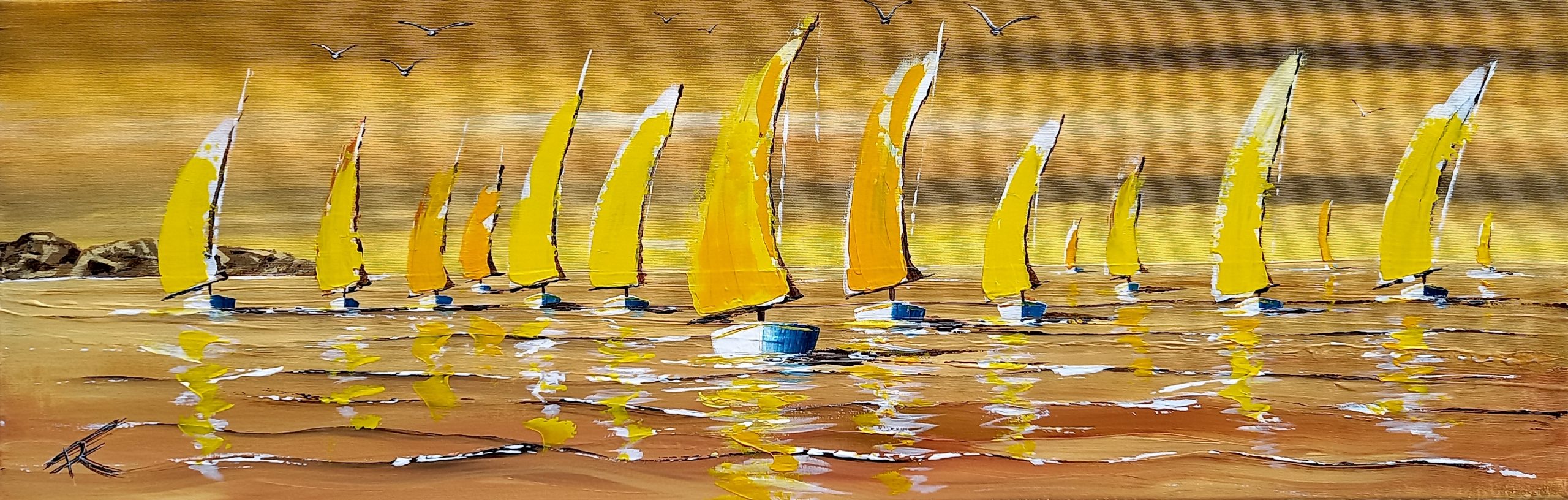 Série de voiliers sur une mer calme avec un fond ocre chaleureux