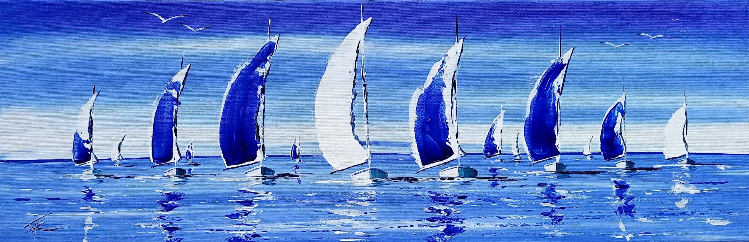 Série de voiliers aux voiles blanches et bleues sur mer calme avec fond bleu intense style west art 85
