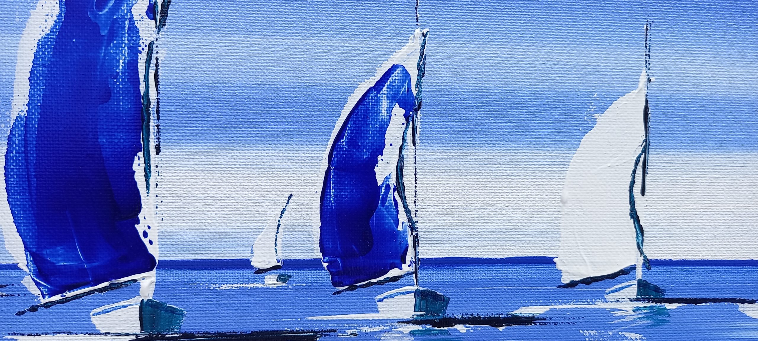voilier avec la grande voile bleu et blanche sortie