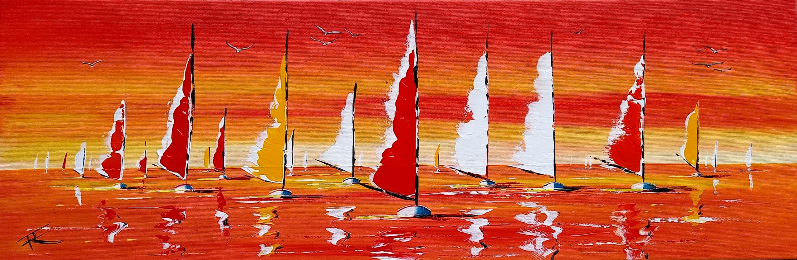 Série de voiliers sur mer calme avec un fond rouge, orange et jaune lumineux