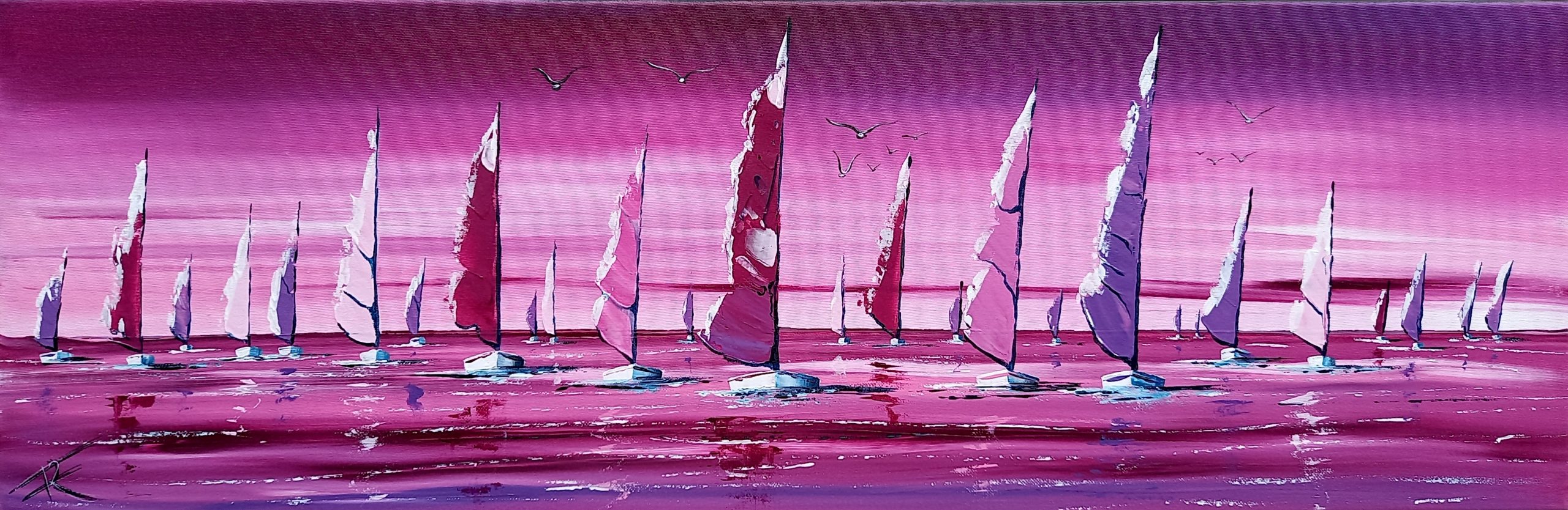 Série de voiliers sur mer calme avec un fond rose doux et lumineux