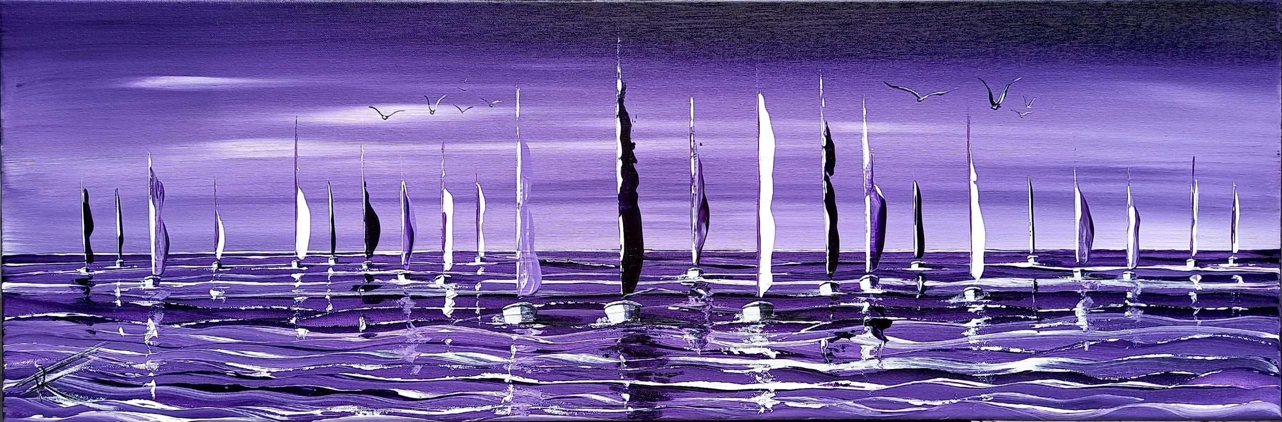 Série de voiliers sur une mer calme avec un fond violet apaisant