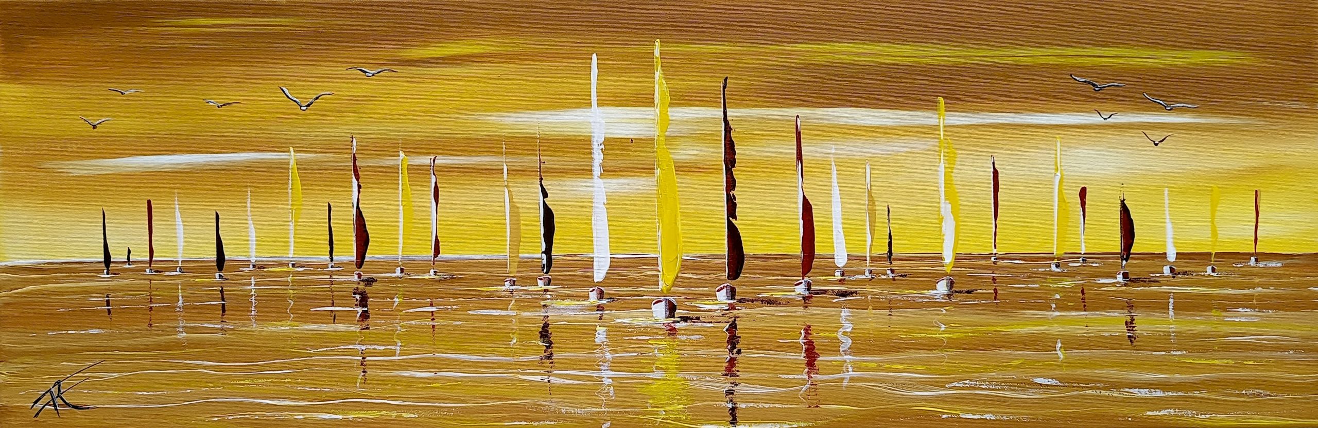 Série de voiliers sur mer calme avec fond marron et jaune matinal