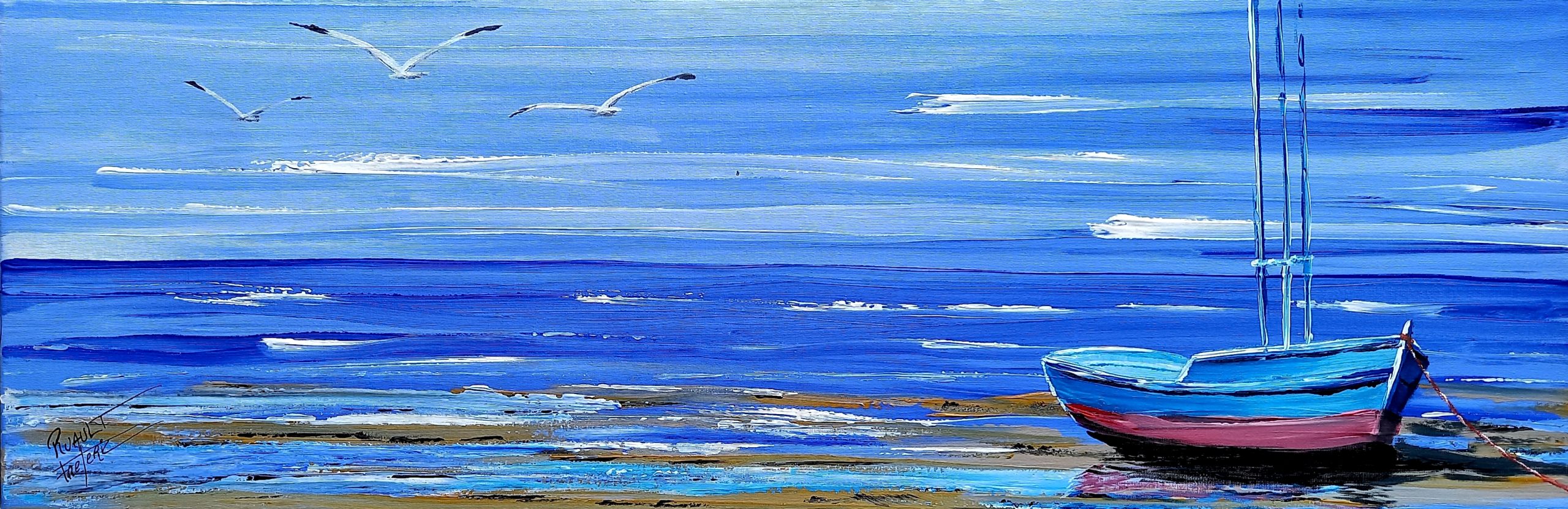 Petite barque sur plage avec mer bleue calme et ciel dégagé, matinée paisible style west art 85