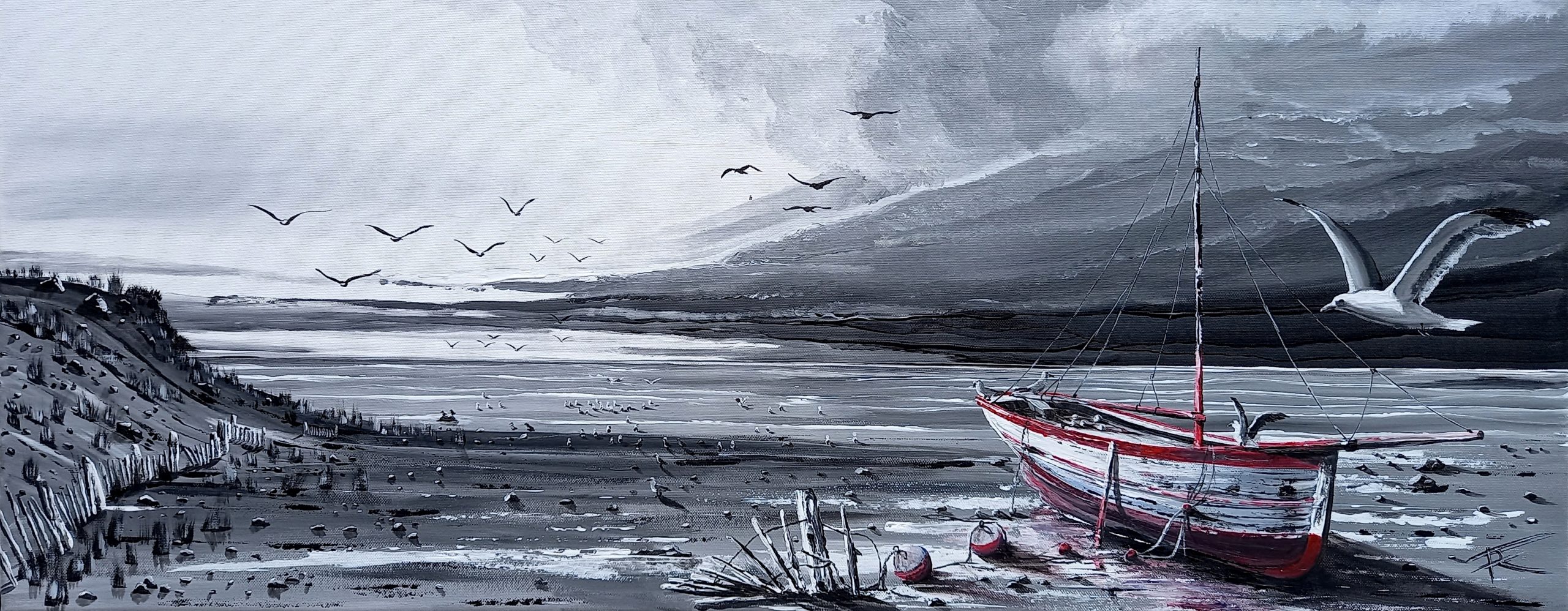 Tableau en noir et blanc d’une mer calme avant l’orage, avec un bateau à coque rouge sur une plage, bouées rouges et mouette en vol
peinture originale West Art 85