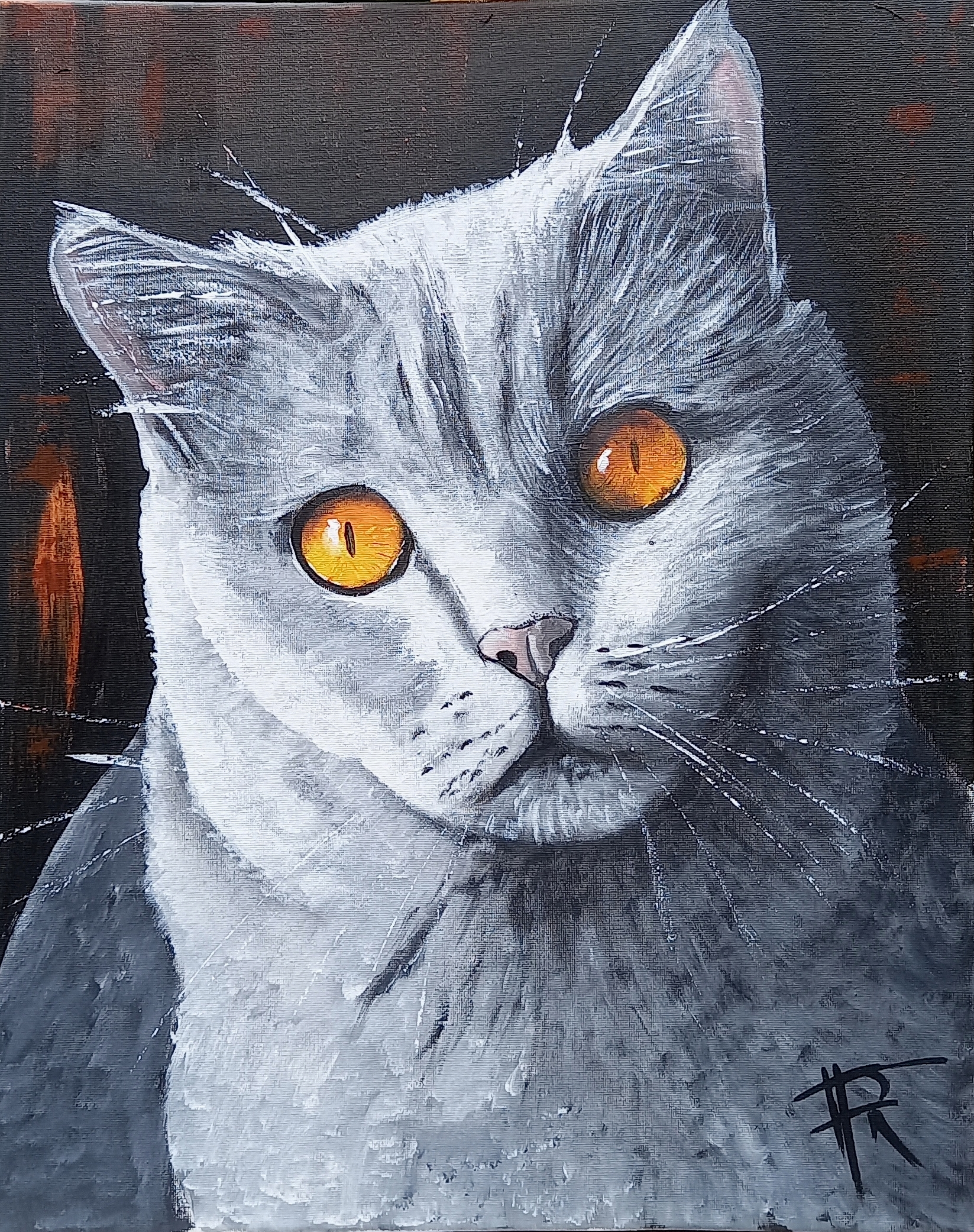Portrait d’un chat Chartreux gris aux yeux orange intenses