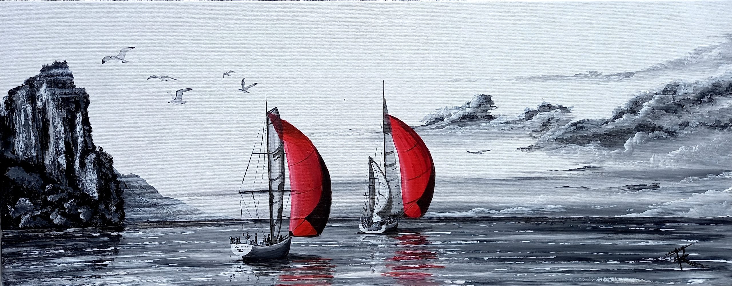 Voiliers en mer près d’une falaise, ciel sombre annonçant un orage style west art 85