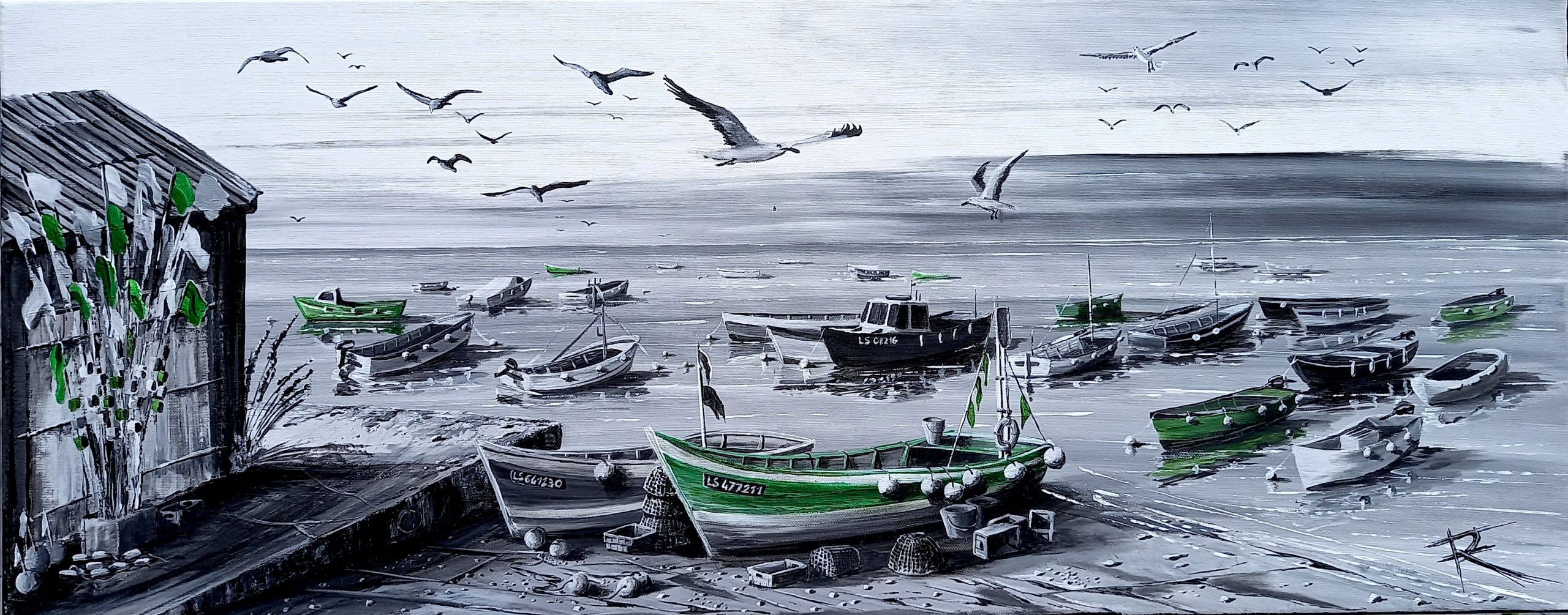 SLOUPS – scène portuaire en noir et blanc, acrylique sur toile 100x40 cm – œuvre originale signée West Art 85